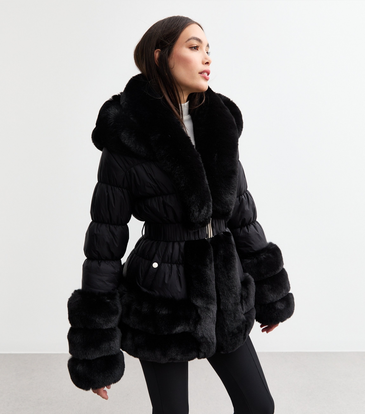 Women's Black Faux Fur Trim Padded Coat Cameo Rose New Look