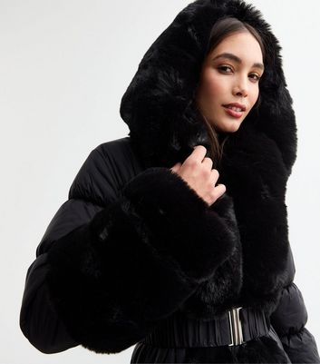 Cameo Rose Black Faux Fur Trim Padded Coat New Look