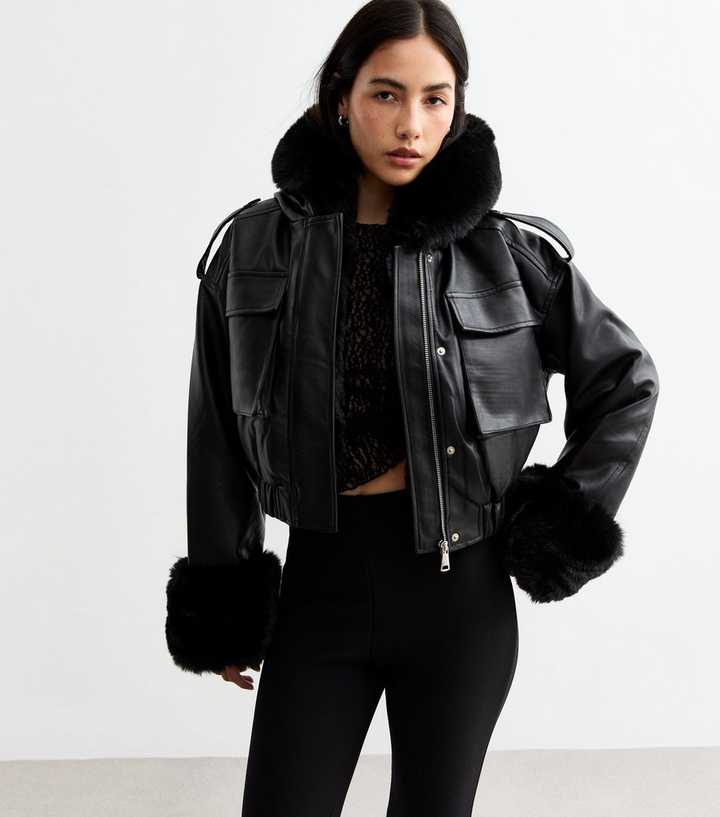 Crop Leather Jacket With Fur Cropped Jacket Fuzzy Jacket Black