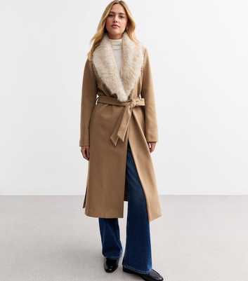 Tall Camel Faux Fur Collar Belted Coat