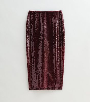 Burgundy Sequinned Midi Skirt