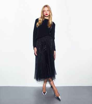 Black Sequinned Tulle Midi Skirt