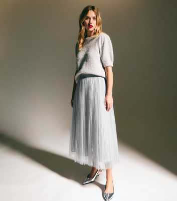 Grey Sequinned Tulle Midi Skirt