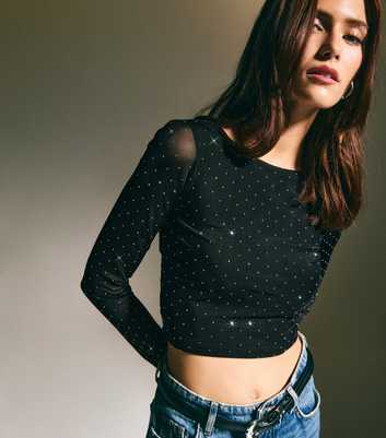 Black Studded Long Sleeve Crop Top 