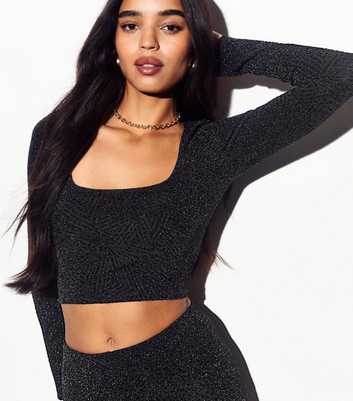 Black Metallic Long Sleeve Crop Top 