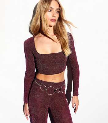 Burgundy Metallic Long Sleeve Crop Top 