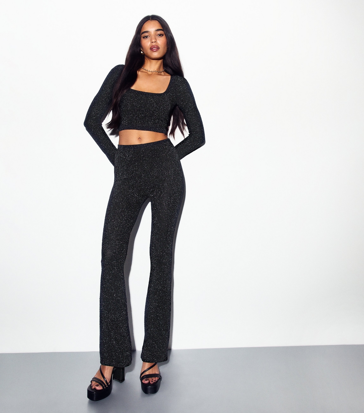 Women's Black Metallic Flared Trousers New Look