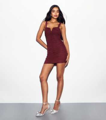 Burgundy Ruched Stretch Mesh Mini Dress