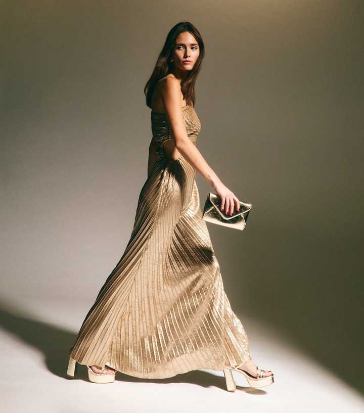 Gold Metallic Foil Pleated One Shoulder Maxi Dress