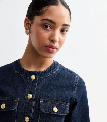 Dark Blue Collarless Chest Pocket Denim Jacket | New Look