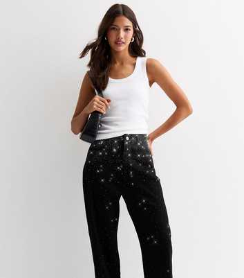 Cameo Rose Black Wide Leg Diamante Detail Jeans