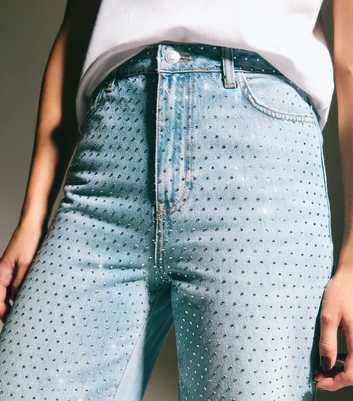 Blue Diamanté Embellished Wide Leg Jeans 