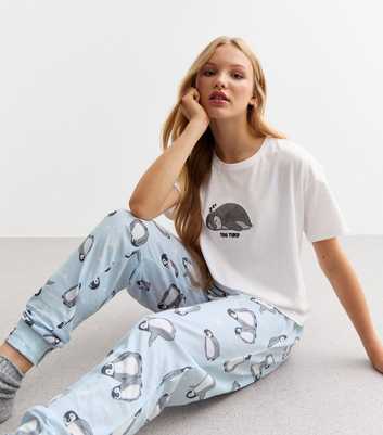 Girls White Penguin Print Jersey Pyjama Set