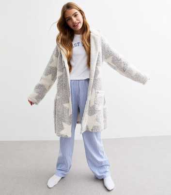 Girls White Star Print Borg Dressing Gown