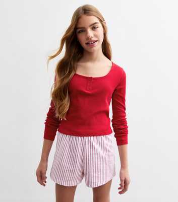 Girls Red Top And Striped Shorts Pyjamas 