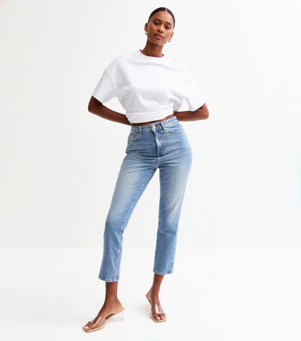Women's Blue Diamante Straight Leg Jeans New Look