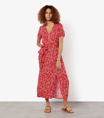 Apricot Red Floral Print V Neck Midi Dress New Look