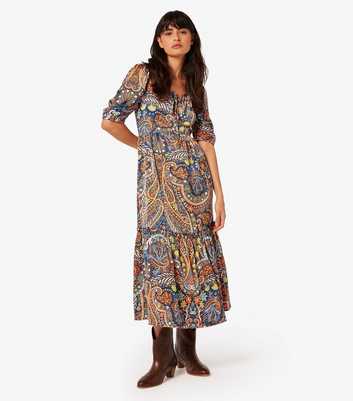 Apricot Navy Paisley Print Tiered Midi Dress