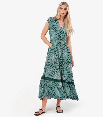 Apricot Green Crochet Abstract Print Button-Up Midi Dress New Look