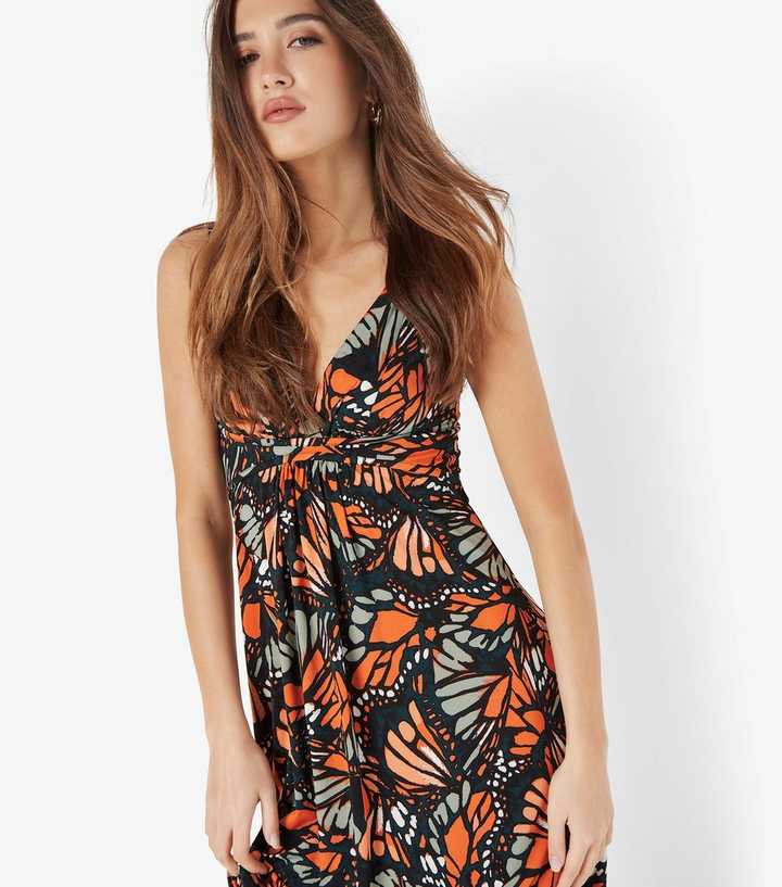 Apricot Orange Butterfly Print Maxi Dress