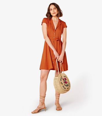 Apricot Bright Orange Linen Blend Belted Mini Dress New Look