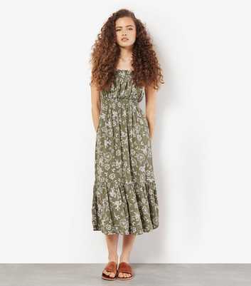 Apricot Olive Floral Print Tiered Hem Midi Dress