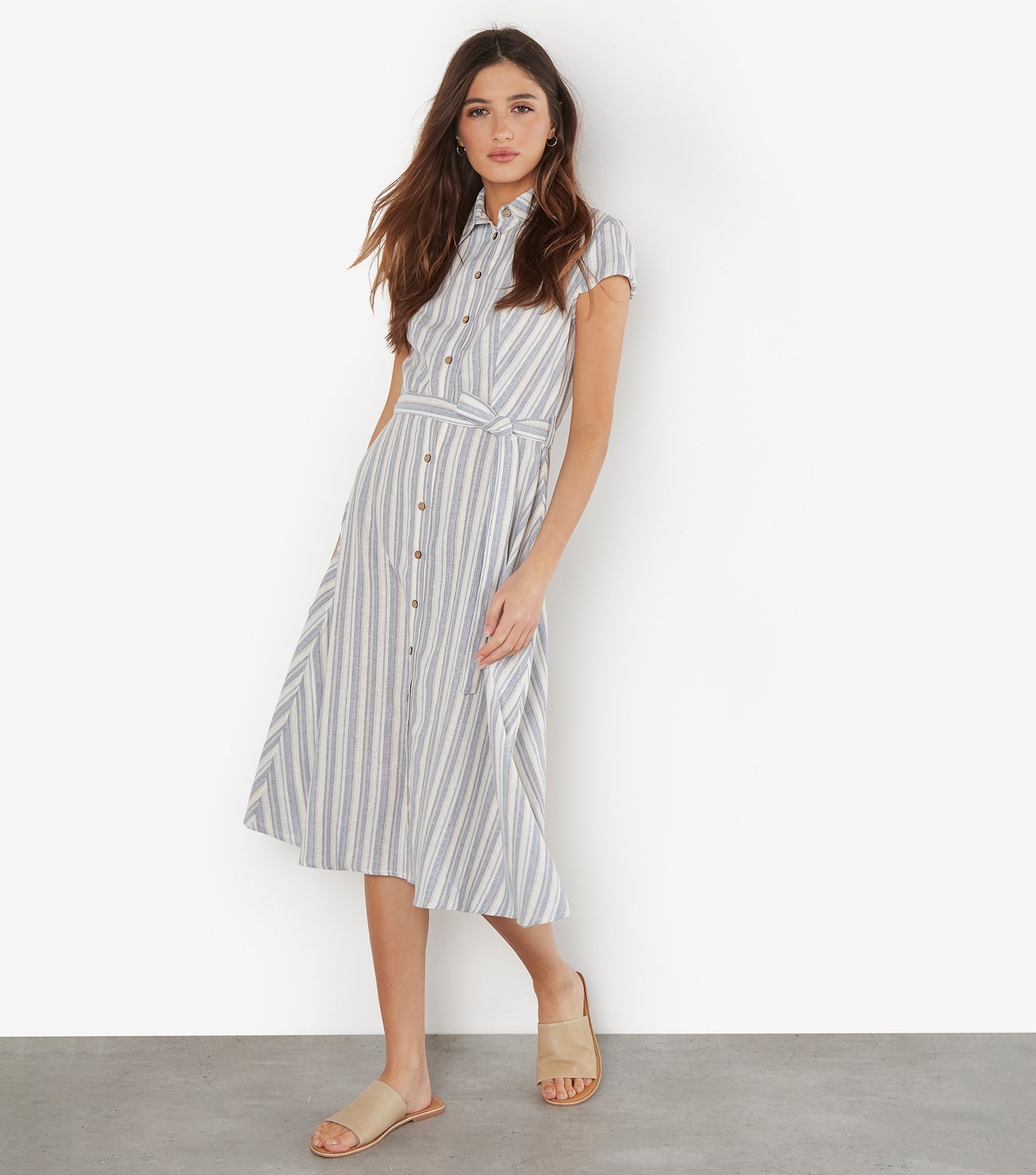 Women's Blue Linen-Blend Stripe Print Belted Midi Dress Apricot New Look