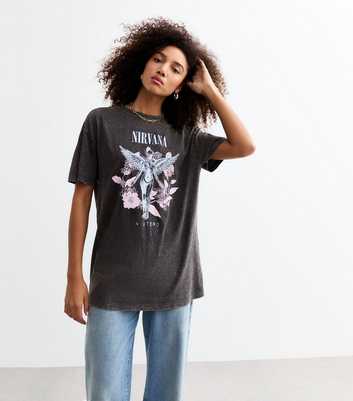 Dark Grey Cotton Nirvana Print Oversized T-Shirt