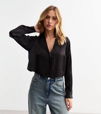 Black Cropped Satin Shirt New Look