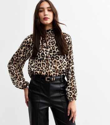 Brown Leopard Print High Neck Chiffon Top