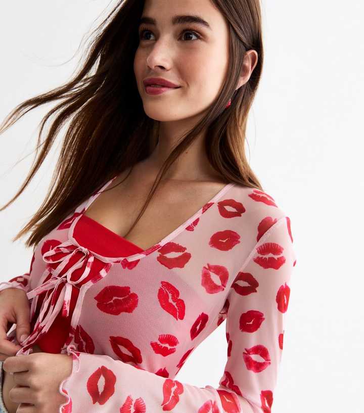 Pink Lips Print Sheer Mesh Top 