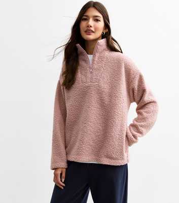 Mid Pink Textured Borg Quarter Zip Sweatshirt