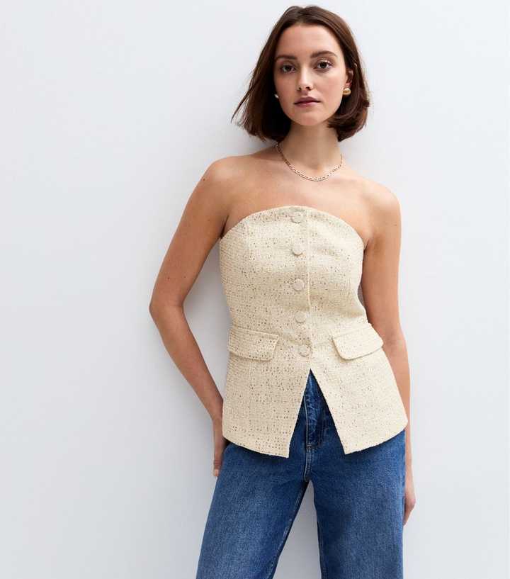 Cream Sequinned Bouclè Bustier Waistcoat