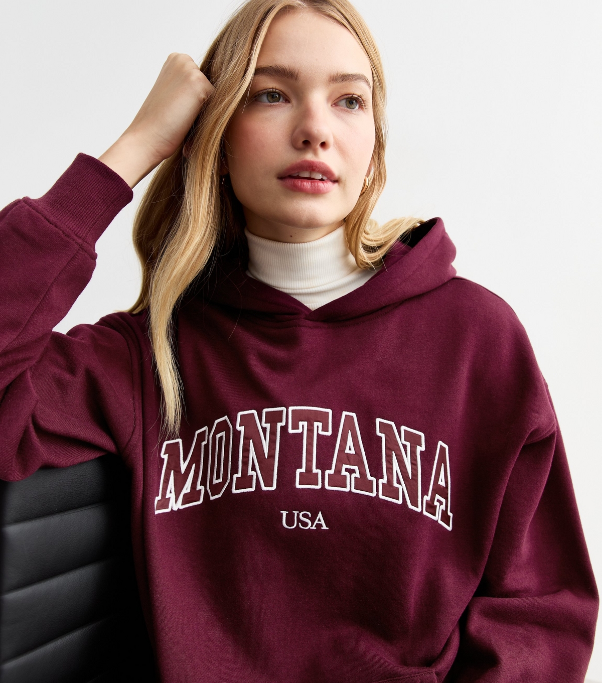 Women's Burgundy Montana Embroidered Jersey Hoodie New Look