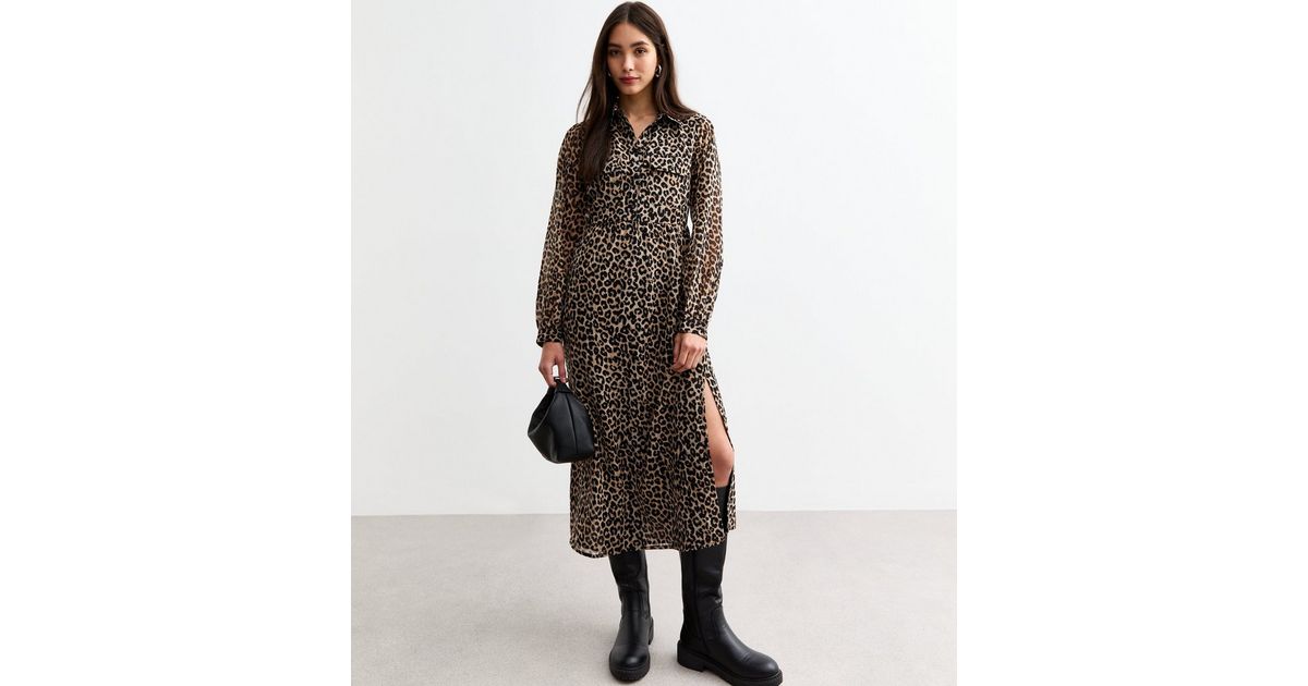 HOLLOW LEOPARD OUT MIDI DRESS IN BROWN