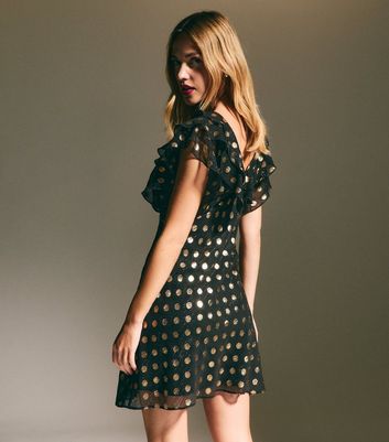 Black Foil Polka Dot Ruffled Chiffon Mini Dress New Look