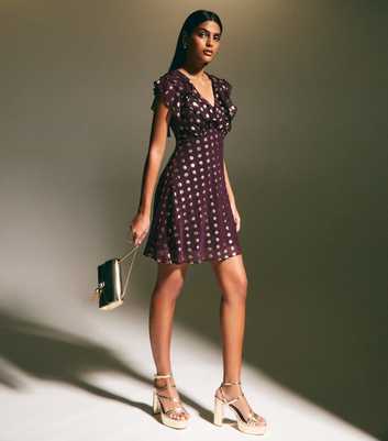 Burgundy Foil Polka Dot Ruffled Chiffon Mini Dress