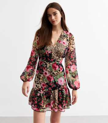 Pink Peony Floral Leopard Print Mini Dress