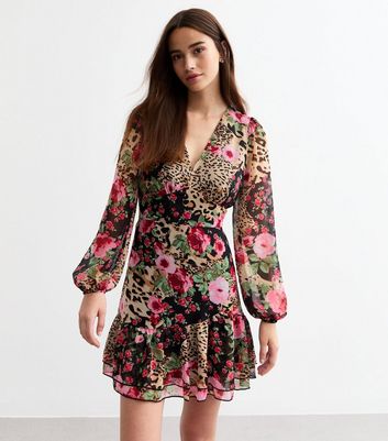 Pink Peony Floral Leopard Print Mini Dress New Look