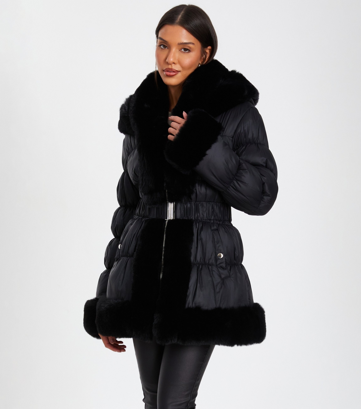 Women's Black Faux Fur Trim Padded Jacket Quiz New Look