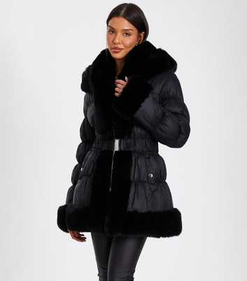 QUIZ Black Faux Fur Trim Padded Jacket