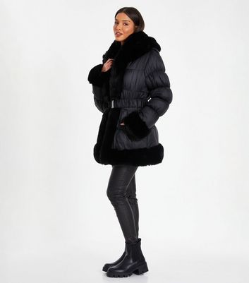 Black faux fur trim padded jacket on sale