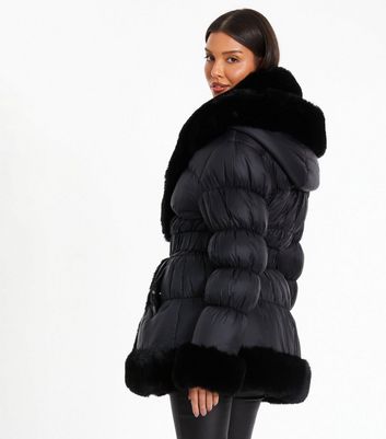 QUIZ Black Faux Fur Trim Padded Jacket New Look