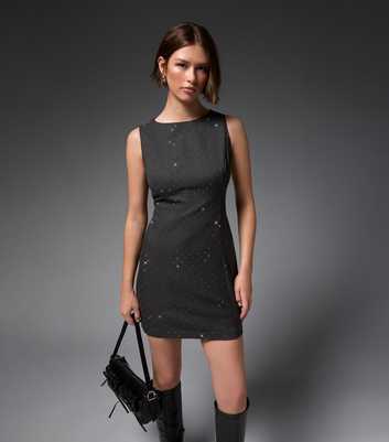 Dark Grey Diamantè Embellished Shift Mini Dress