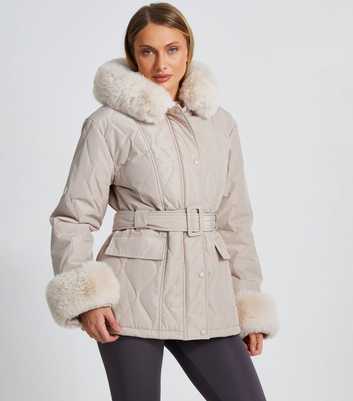 QUIZ Stone Padded Faux Fur Trim Jacket