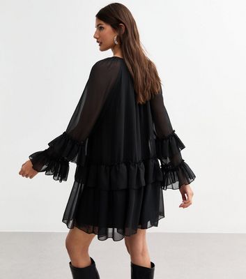 Black Tiered Ruffled Chiffon Mini Dress New Look