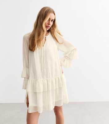 Off White Tiered Ruffled Chiffon Mini Dress