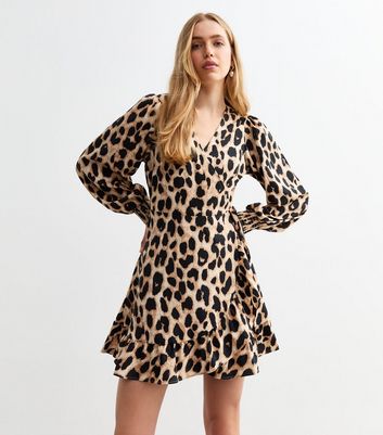 Brown Leopard Print Mini Wrap Dress New Look