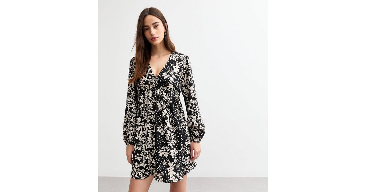 Black Floral V-Neck Long Sleeve Mini Dress | New Look