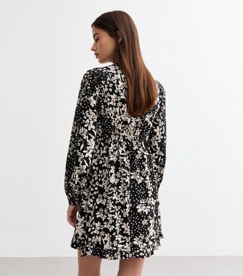 Black Floral V-Neck Long Sleeve Mini Dress New Look